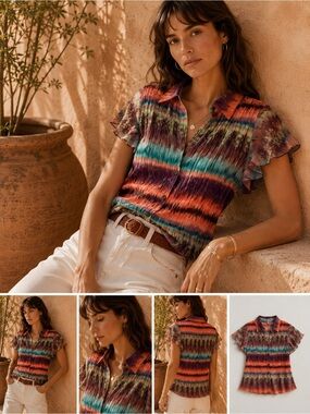 Multicolor Y2K Ruched Short-Sleeve Button Front Top 1X